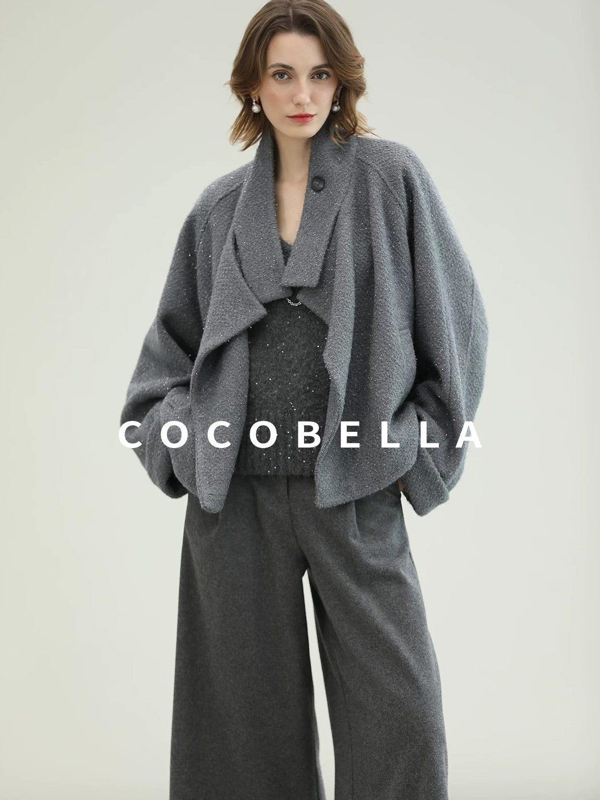 COCOBELLA High Waist Tailored Wide Leg Workwear Ol Minimalist Wool Blend Paris Gray Pants