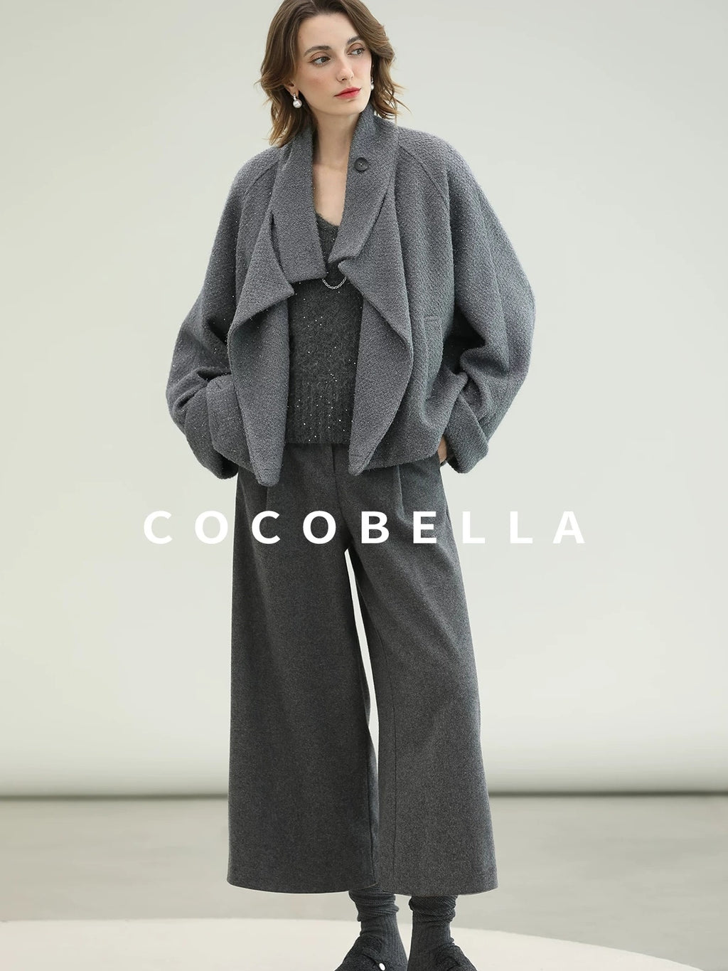 COCOBELLA High Waist Tailored Wide Leg Workwear Ol Minimalist Wool Blend Paris Gray Pants