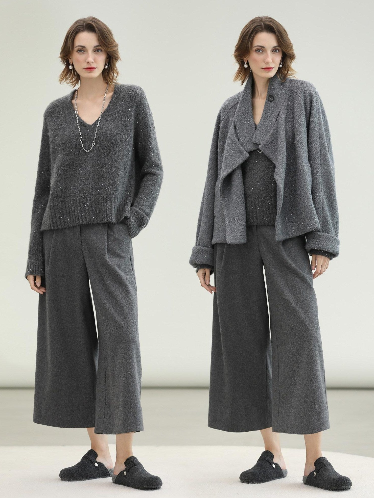 COCOBELLA High Waist Tailored Wide Leg Workwear Ol Minimalist Wool Blend Paris Gray Pants