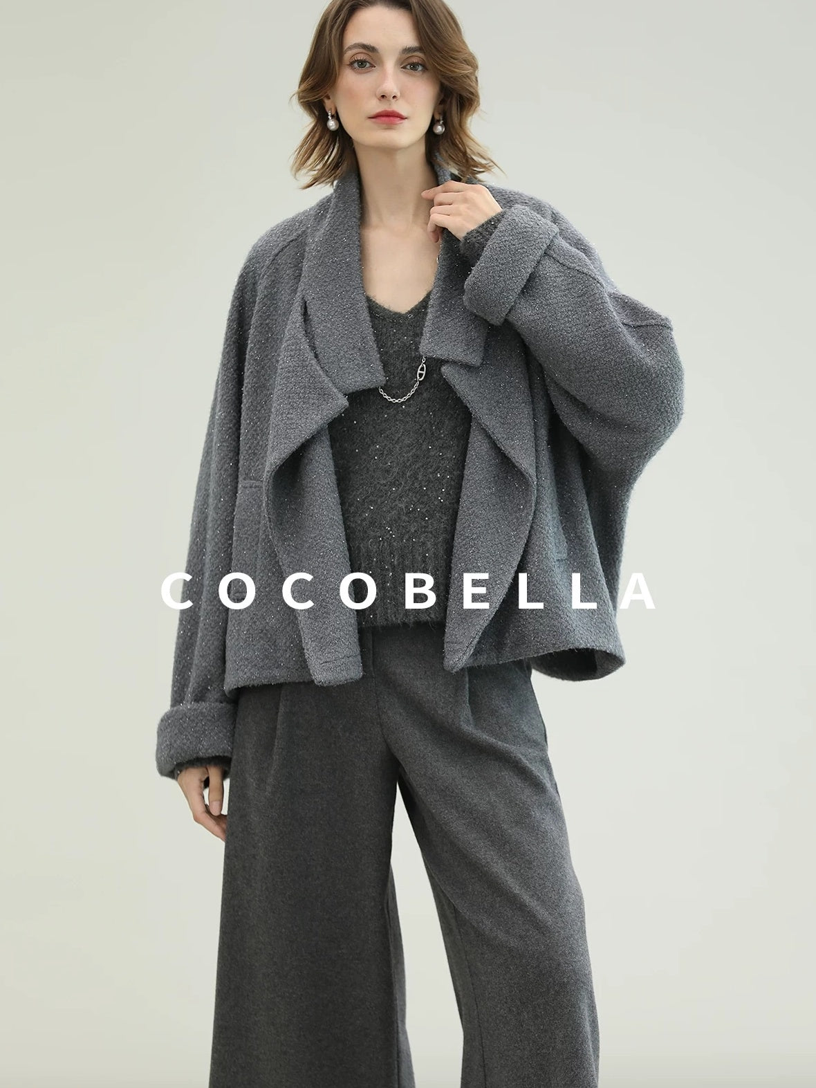 COCOBELLA High Waist Tailored Wide Leg Workwear Ol Minimalist Wool Blend Paris Gray Pants