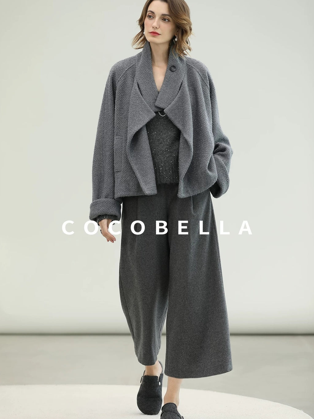 COCOBELLA High Waist Tailored Wide Leg Workwear Ol Minimalist Wool Blend Paris Gray Pants