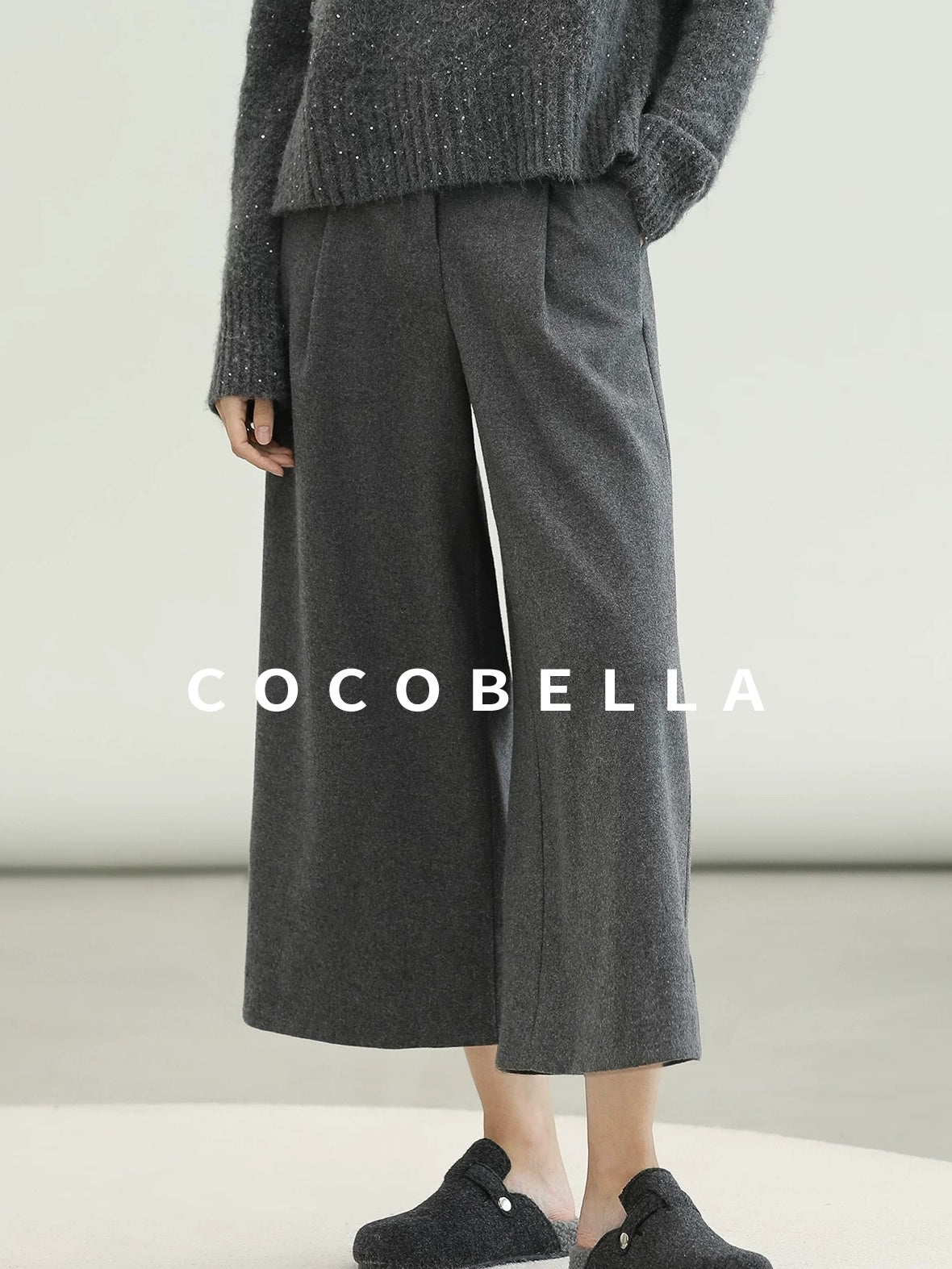 COCOBELLA High Waist Tailored Wide Leg Workwear Ol Minimalist Wool Blend Paris Gray Pants