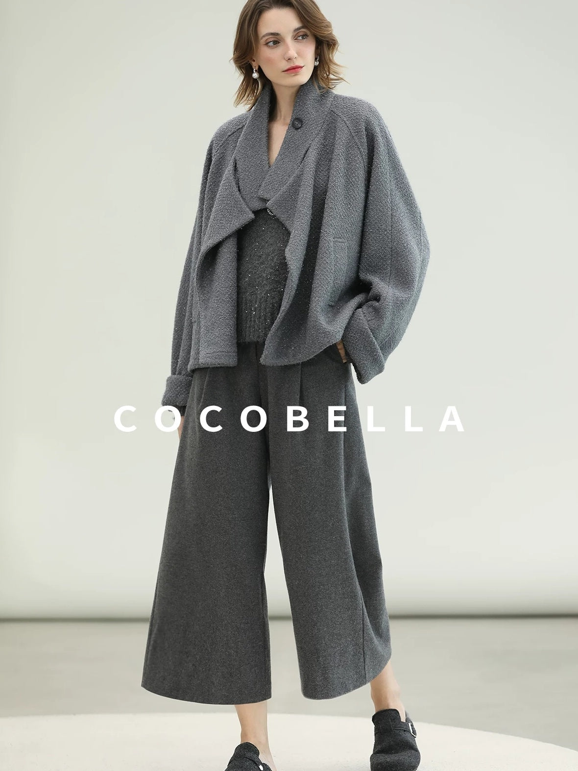 COCOBELLA High Waist Tailored Wide Leg Workwear Ol Minimalist Wool Blend Paris Gray Pants