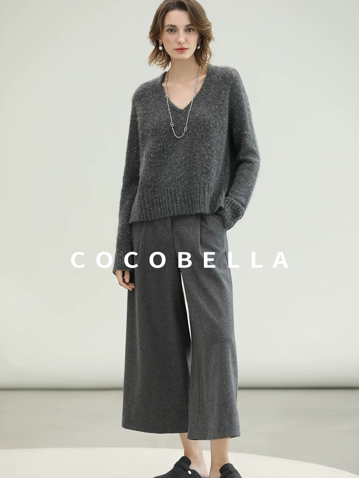 COCOBELLA High Waist Tailored Wide Leg Workwear Ol Minimalist Wool Blend Paris Gray Pants