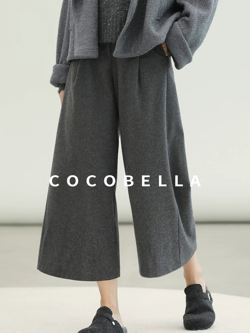 COCOBELLA High Waist Tailored Wide Leg Workwear Ol Minimalist Wool Blend Paris Gray Pants