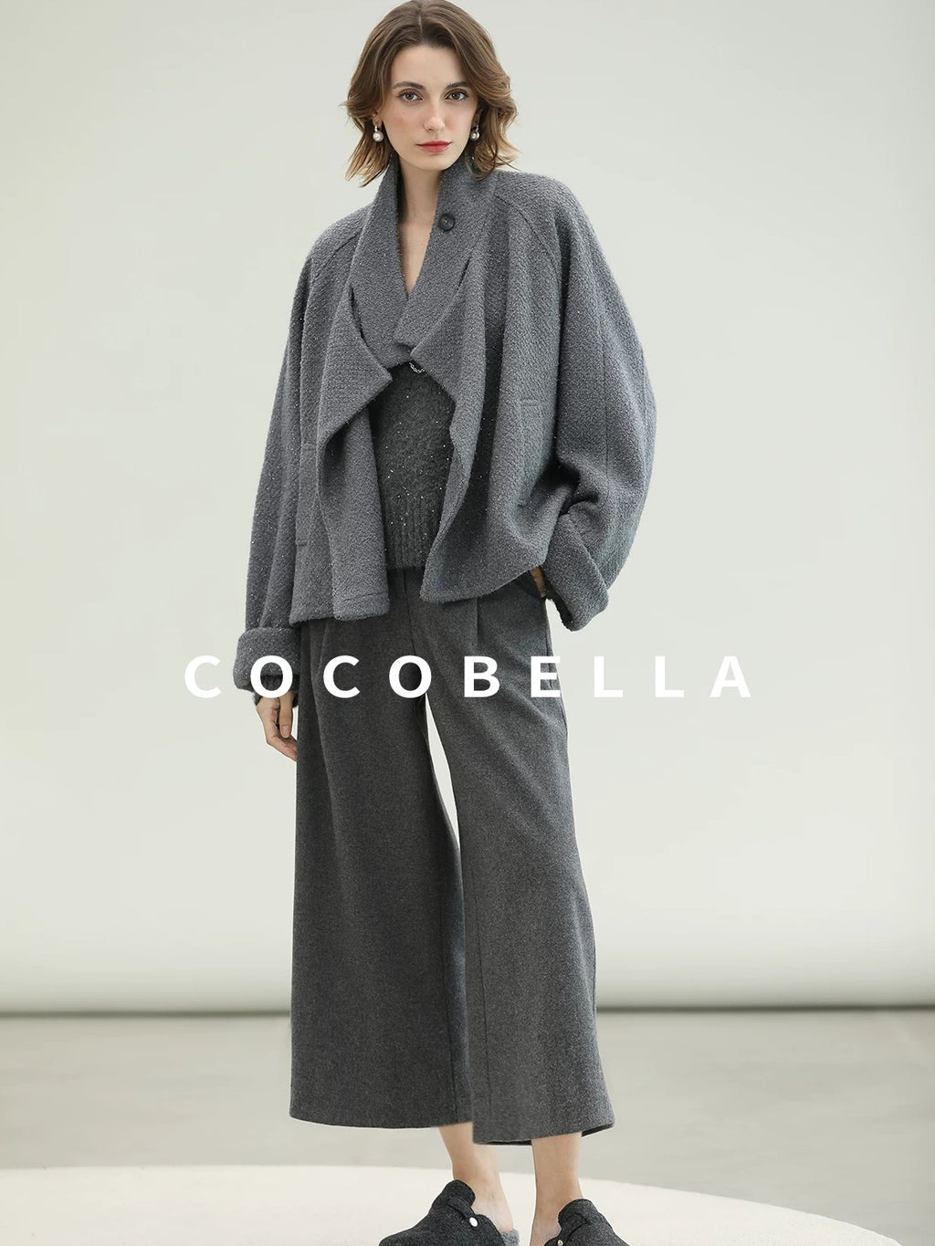 COCOBELLA High Waist Tailored Wide Leg Workwear Ol Minimalist Wool Blend Paris Gray Pants