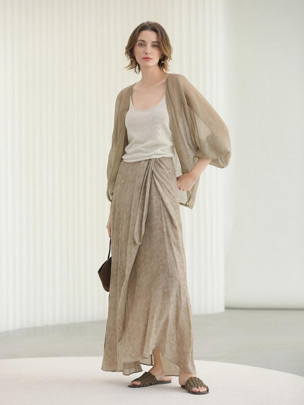 COCOBELLA High Waist Tie New Chinese A Line Women Office Maxi Viscose Milk Tea Skirts