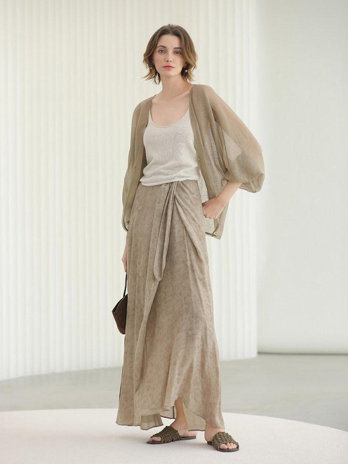 COCOBELLA High Waist Tie New Chinese A Line Women Office Maxi Viscose Milk Tea Skirts