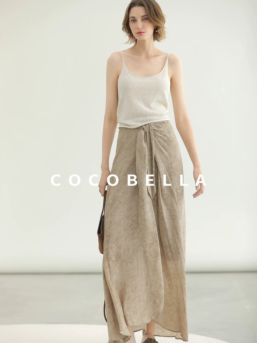 COCOBELLA High Waist Tie New Chinese A Line Women Office Maxi Viscose Milk Tea Skirts