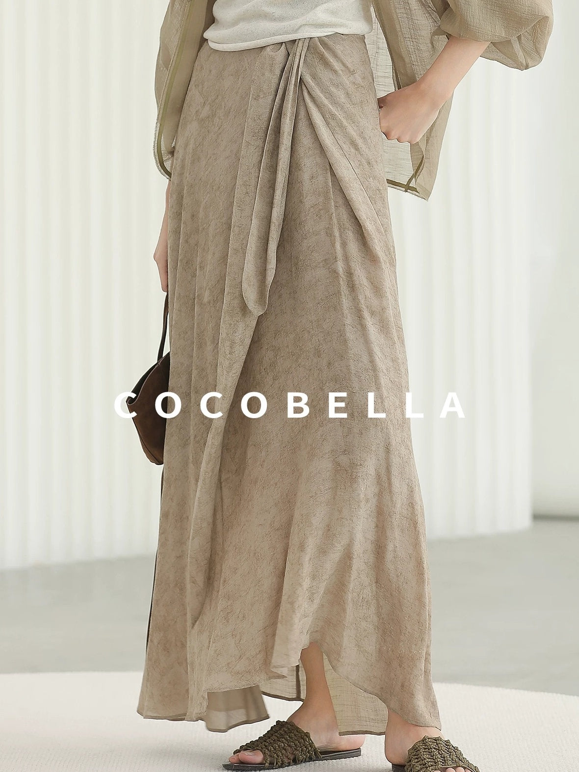 COCOBELLA High Waist Tie New Chinese A Line Women Office Maxi Viscose Milk Tea Skirts