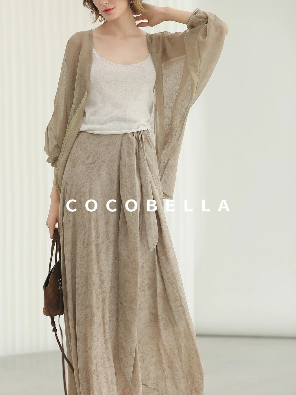 COCOBELLA High Waist Tie New Chinese A Line Women Office Maxi Viscose Milk Tea Skirts