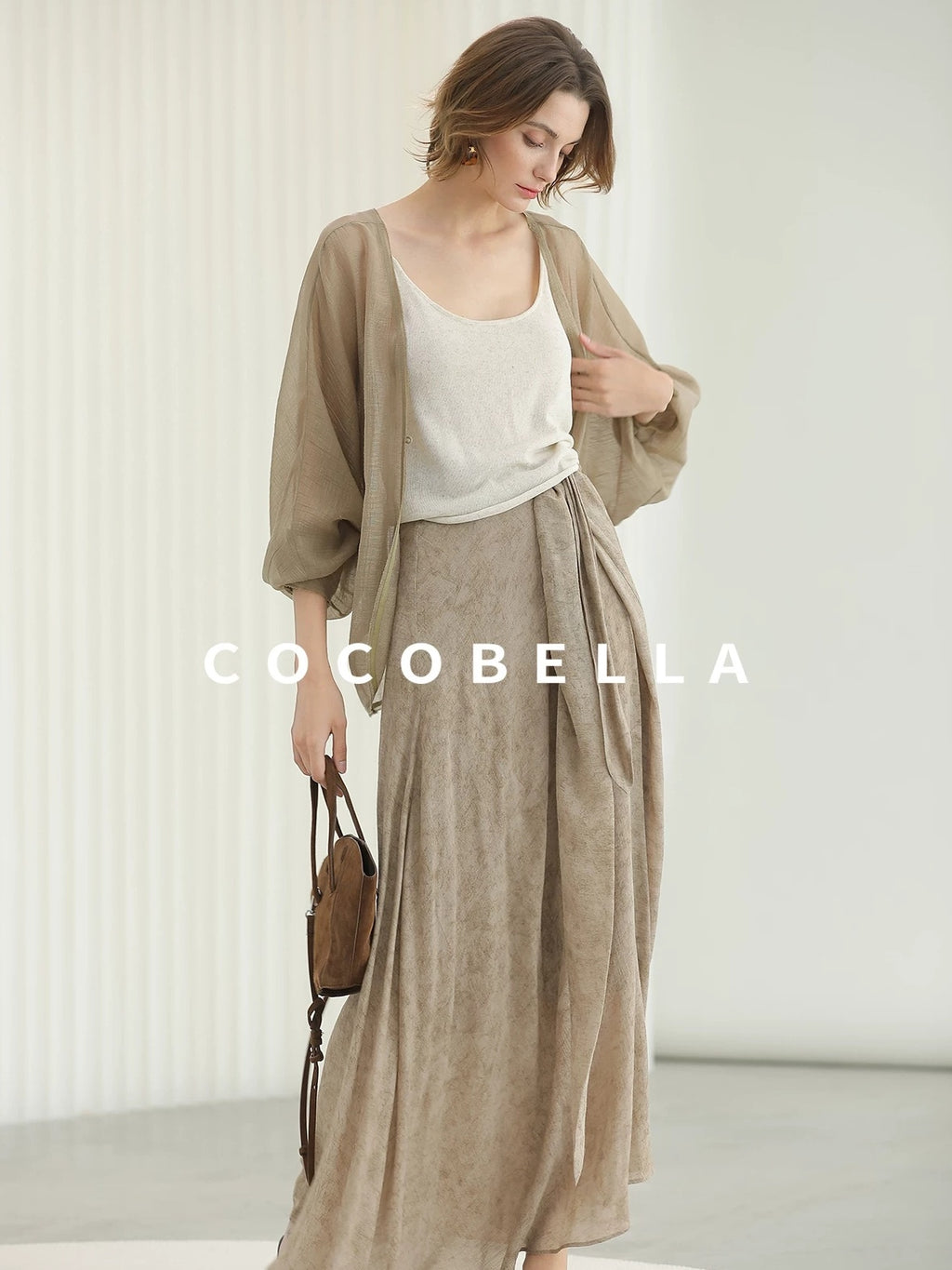COCOBELLA High Waist Tie New Chinese A Line Women Office Maxi Viscose Milk Tea Skirts