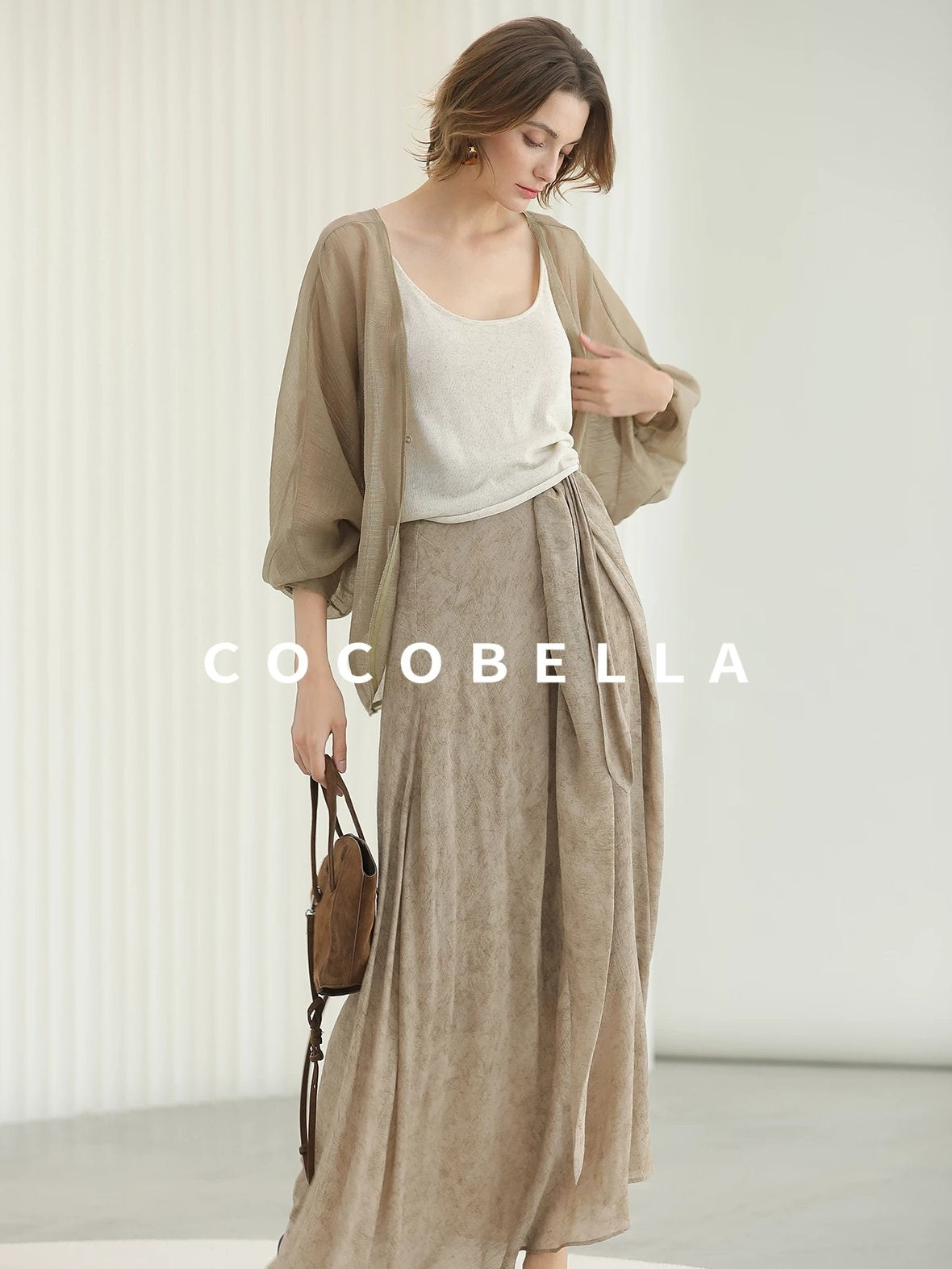 COCOBELLA High Waist Tie New Chinese A Line Women Office Maxi Viscose Milk Tea Skirts
