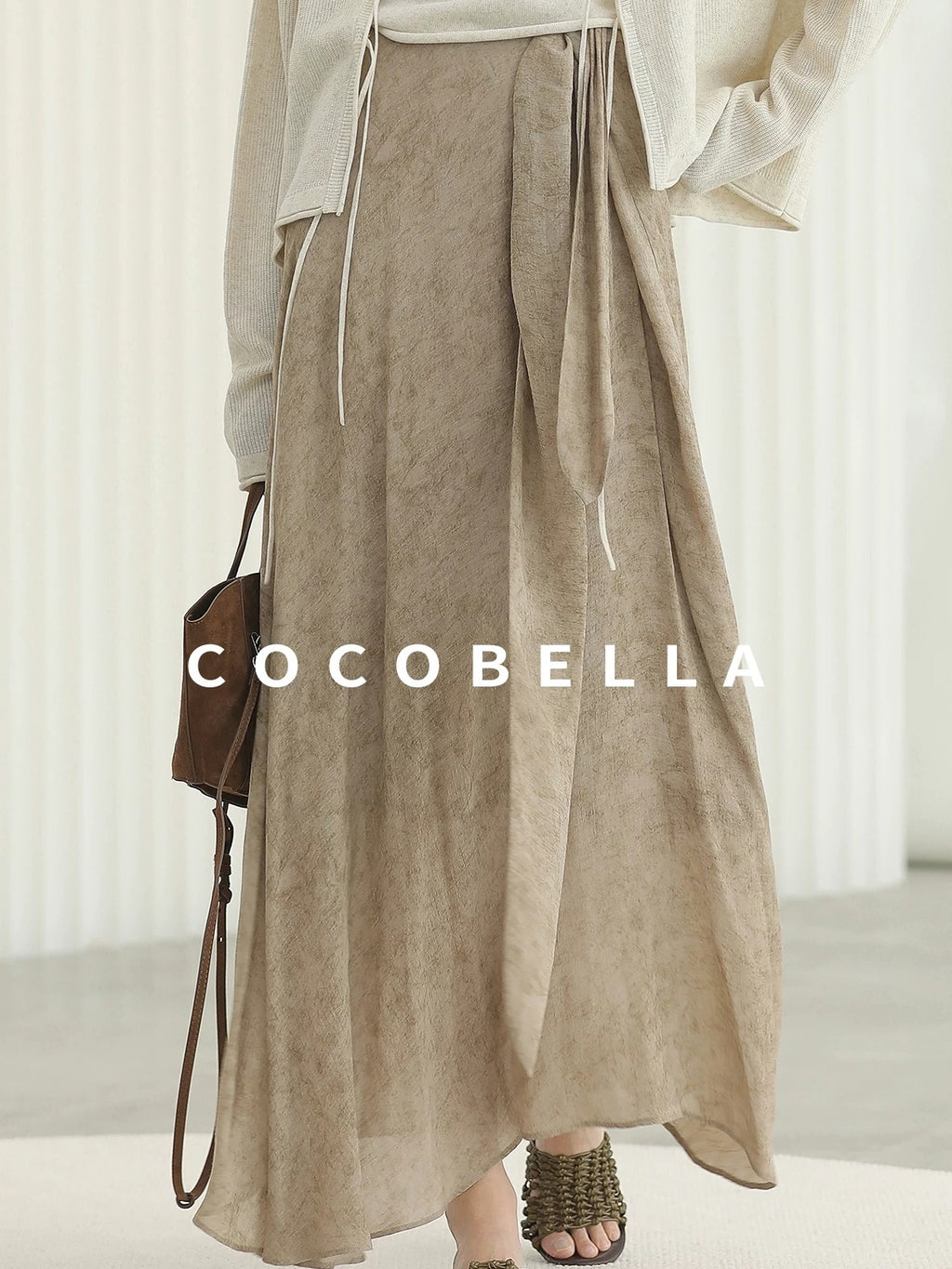 COCOBELLA High Waist Tie New Chinese A Line Women Office Maxi Viscose Milk Tea Skirts