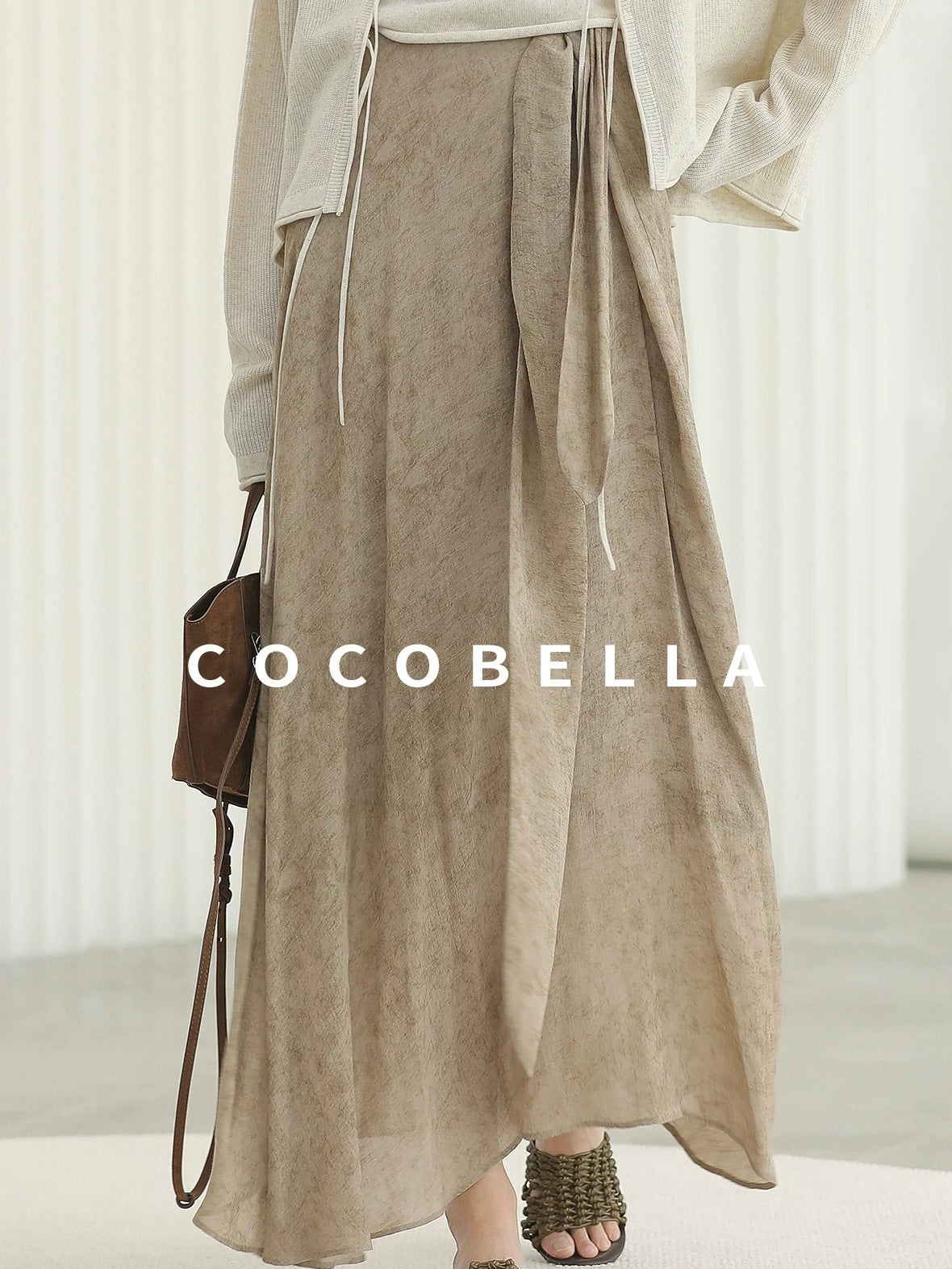 COCOBELLA High Waist Tie New Chinese A Line Women Office Maxi Viscose Milk Tea Skirts