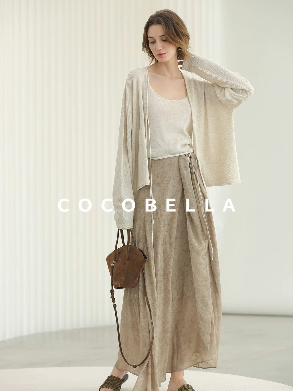 COCOBELLA High Waist Tie New Chinese A Line Women Office Maxi Viscose Milk Tea Skirts