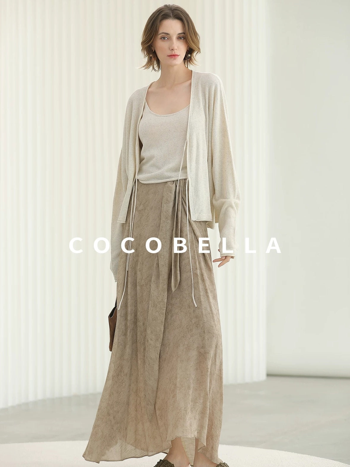 COCOBELLA High Waist Tie New Chinese A Line Women Office Maxi Viscose Milk Tea Skirts