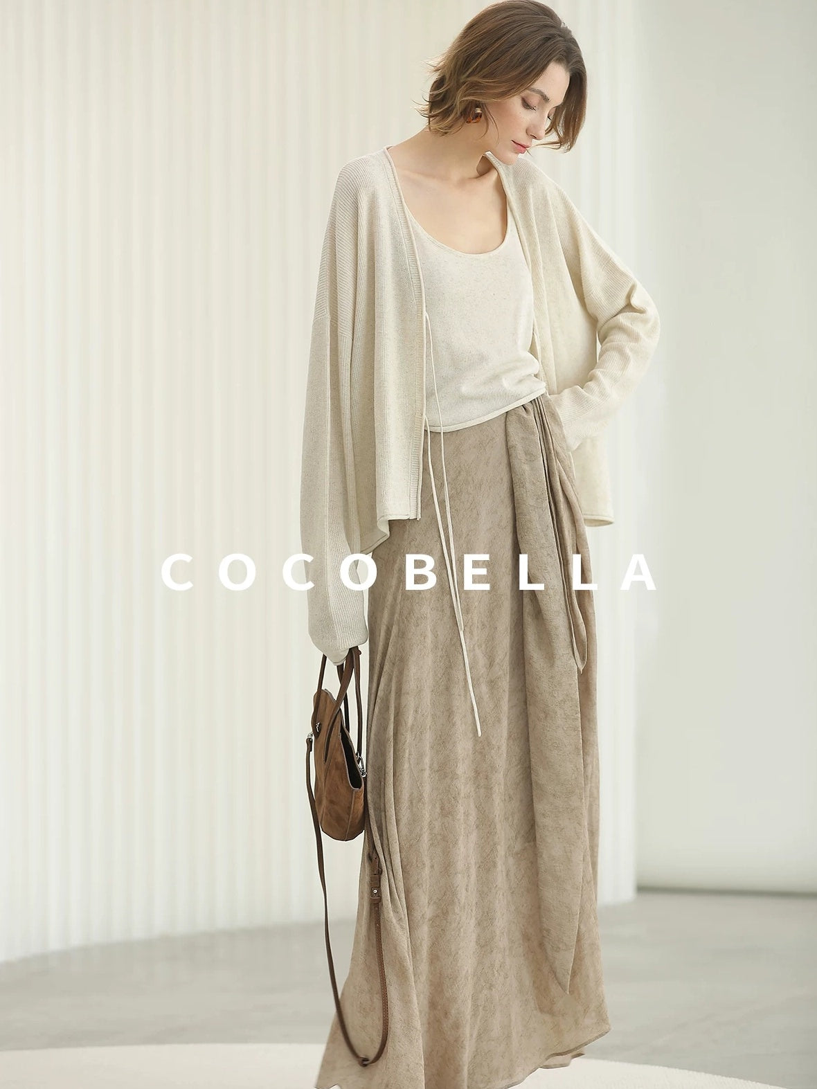 COCOBELLA High Waist Tie New Chinese A Line Women Office Maxi Viscose Milk Tea Skirts
