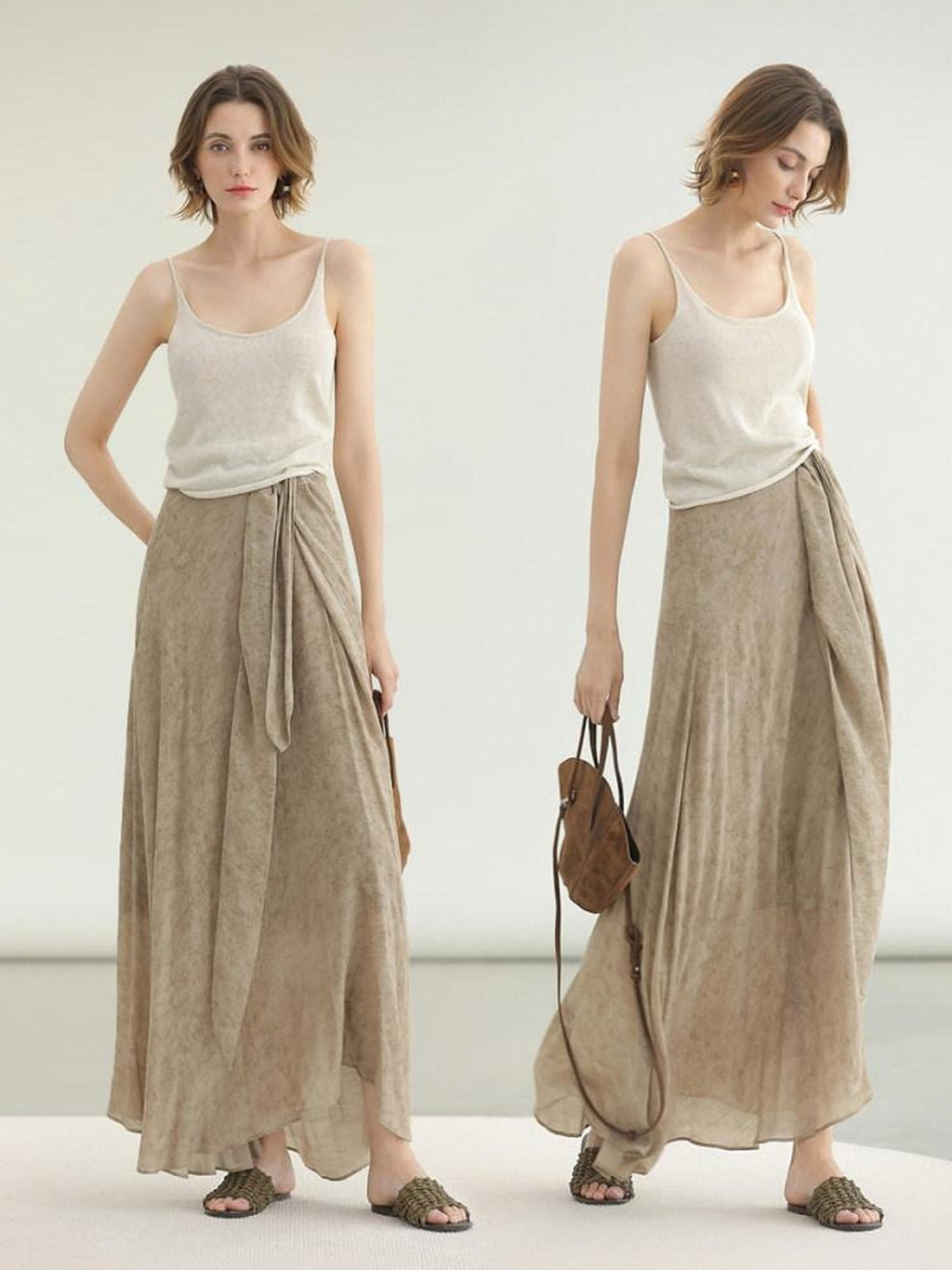 COCOBELLA High Waist Tie New Chinese A Line Women Office Maxi Viscose Milk Tea Skirts