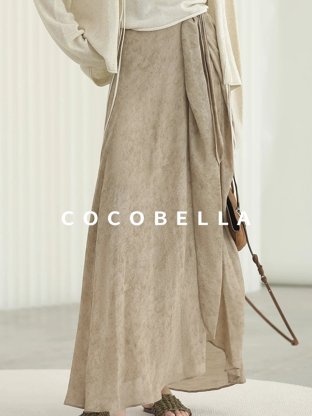 COCOBELLA High Waist Tie New Chinese A Line Women Office Maxi Viscose Milk Tea Skirts