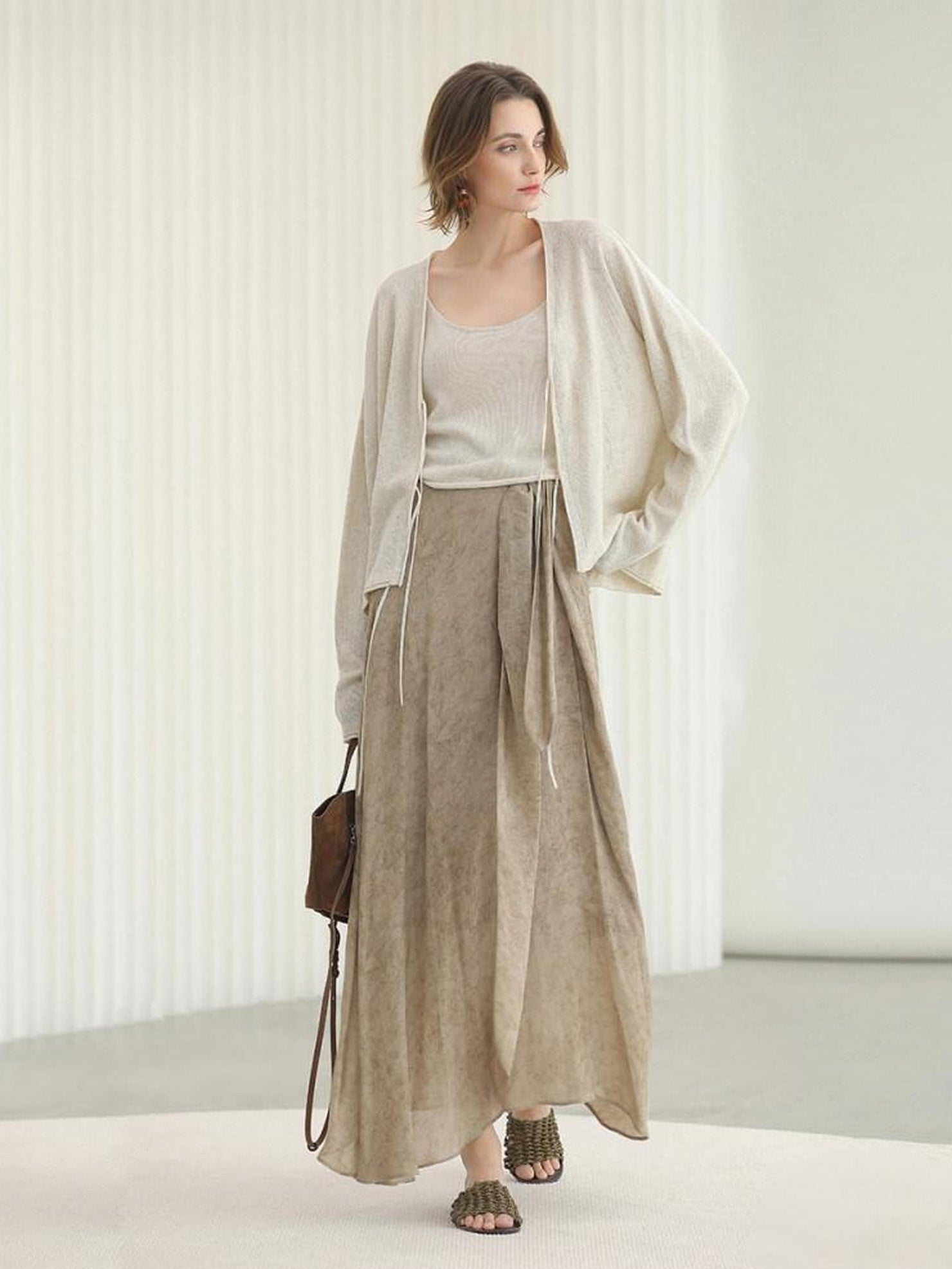 COCOBELLA High Waist Tie New Chinese A Line Women Office Maxi Viscose Milk Tea Skirts