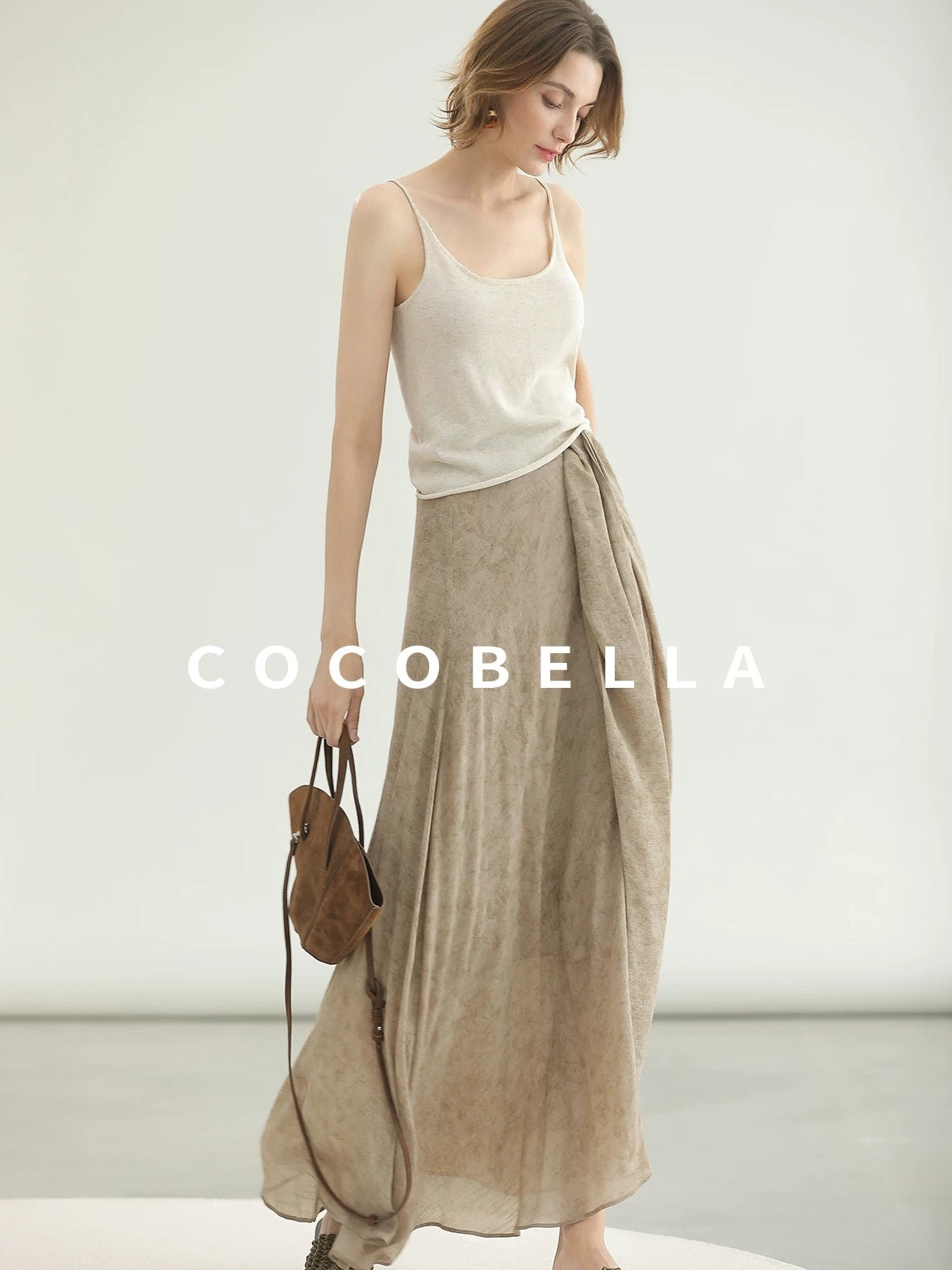 COCOBELLA High Waist Tie New Chinese A Line Women Office Maxi Viscose Milk Tea Skirts