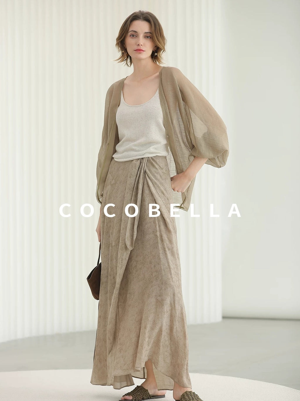 COCOBELLA High Waist Tie New Chinese A Line Women Office Maxi Viscose Milk Tea Skirts