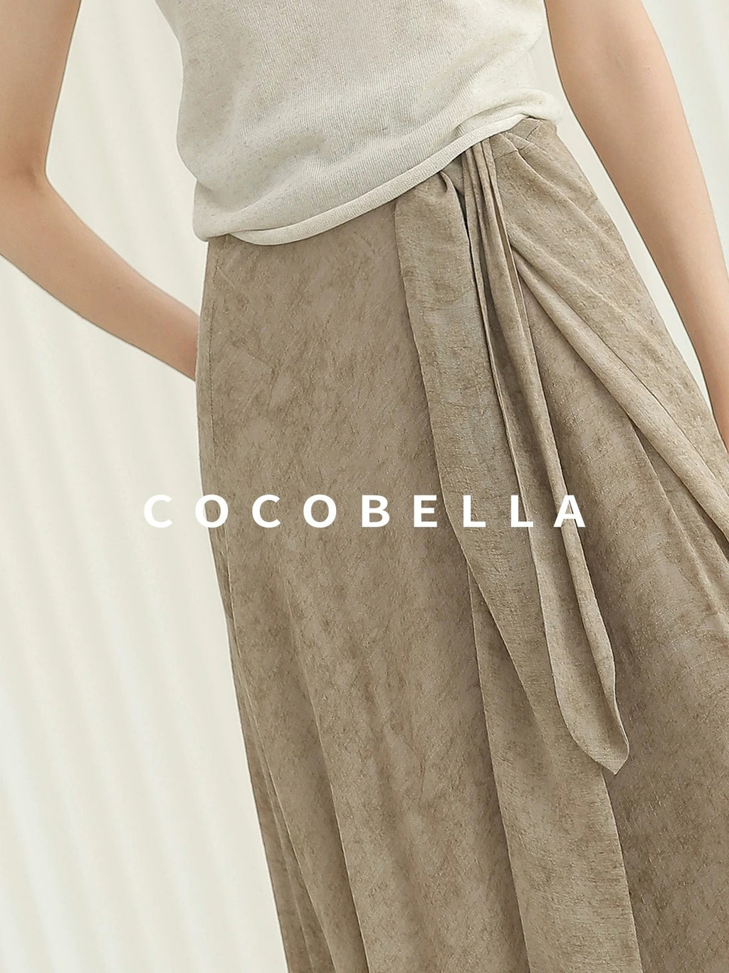 COCOBELLA High Waist Tie New Chinese A Line Women Office Maxi Viscose Milk Tea Skirts