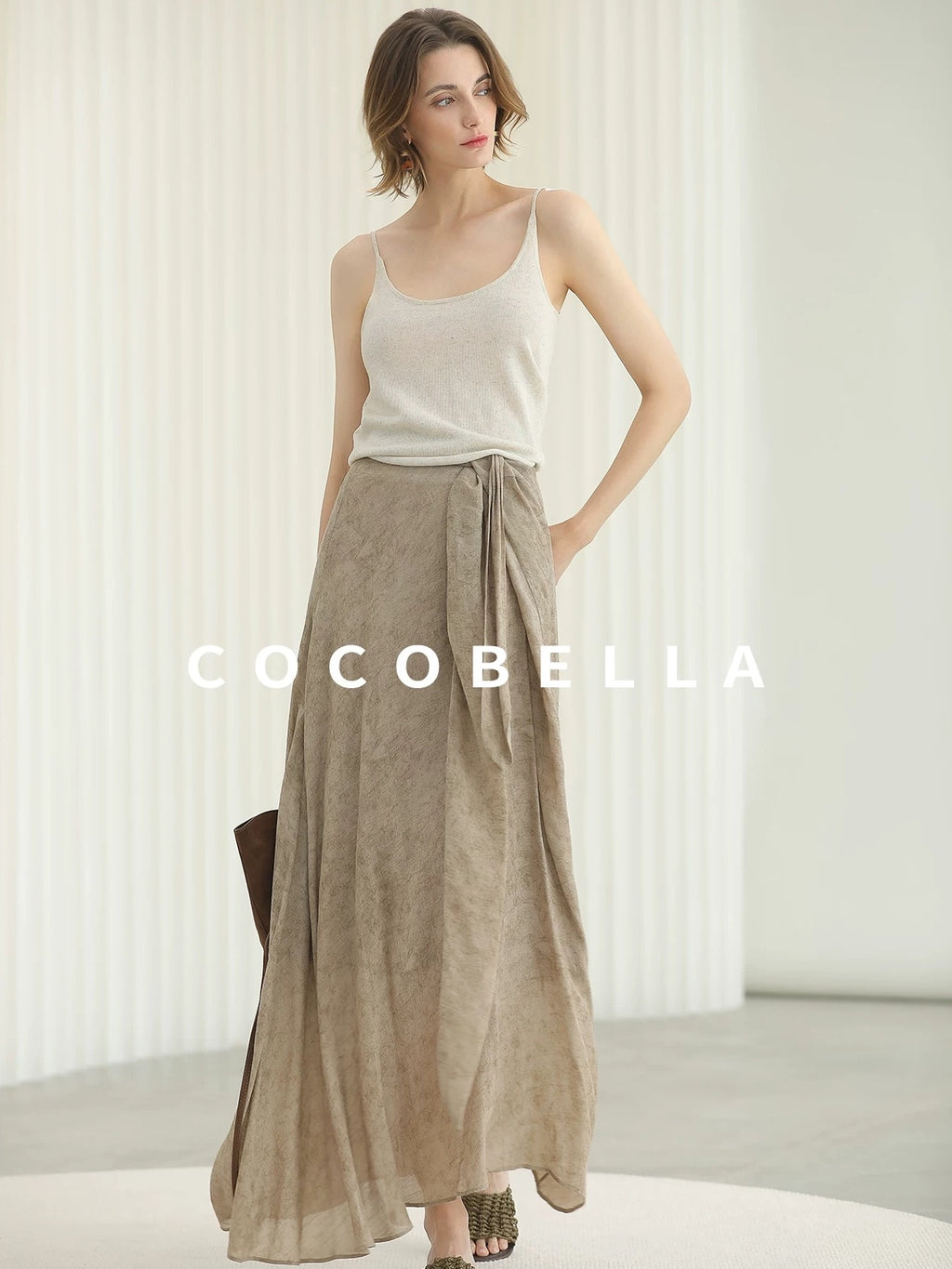 COCOBELLA High Waist Tie New Chinese A Line Women Office Maxi Viscose Milk Tea Skirts
