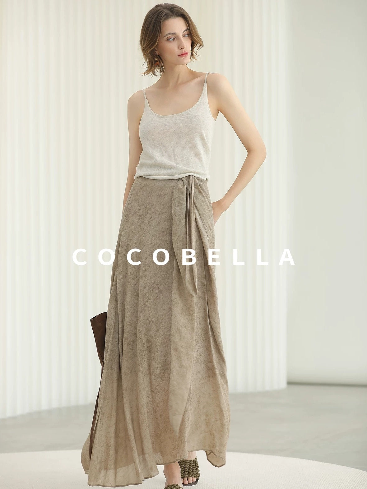 COCOBELLA High Waist Tie New Chinese A Line Women Office Maxi Viscose Milk Tea Skirts