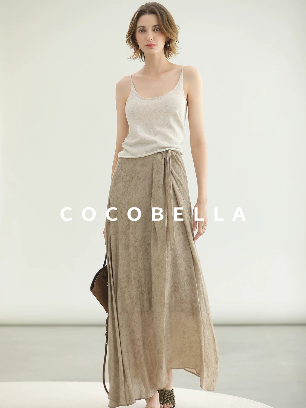 COCOBELLA High Waist Tie New Chinese A Line Women Office Maxi Viscose Milk Tea Skirts