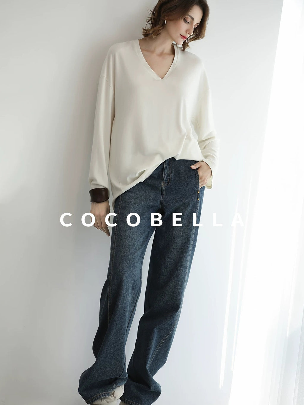 COCOBELLA High Waist Vintage Straight Leg Denim Blue Casual Cotton Blend Women Pants