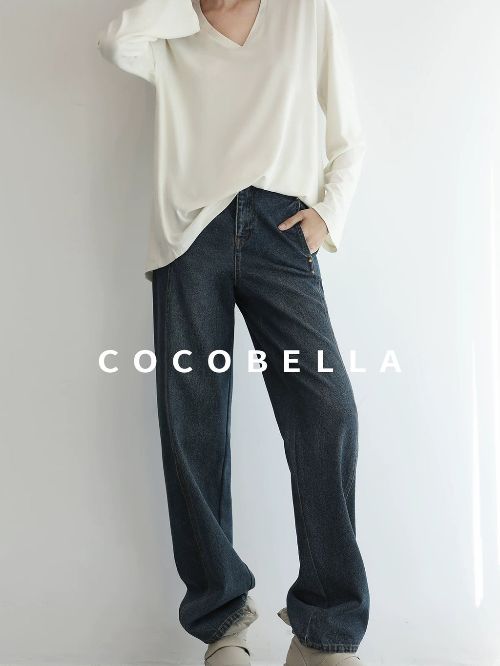 COCOBELLA High Waist Vintage Straight Leg Denim Blue Casual Cotton Blend Women Pants