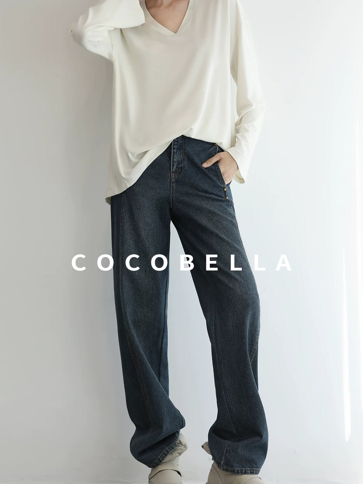 COCOBELLA High Waist Vintage Straight Leg Denim Blue Casual Cotton Blend Women Pants