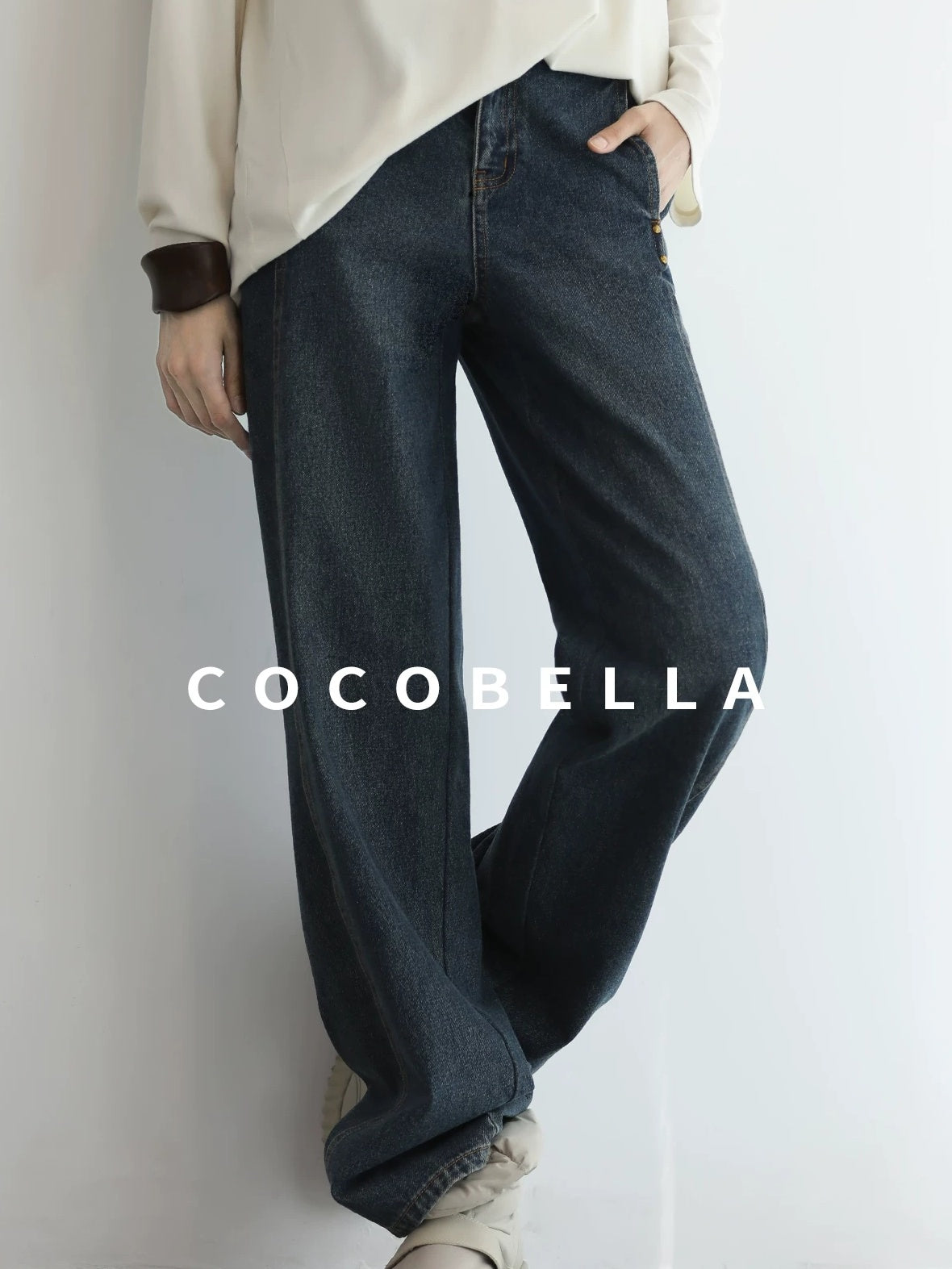 COCOBELLA High Waist Vintage Straight Leg Denim Blue Casual Cotton Blend Women Pants