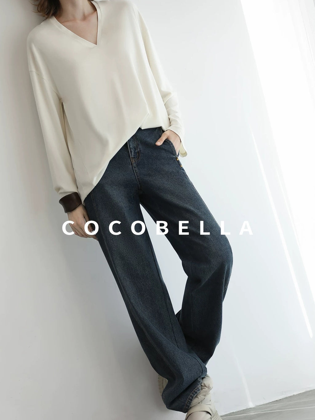 COCOBELLA High Waist Vintage Straight Leg Denim Blue Casual Cotton Blend Women Pants