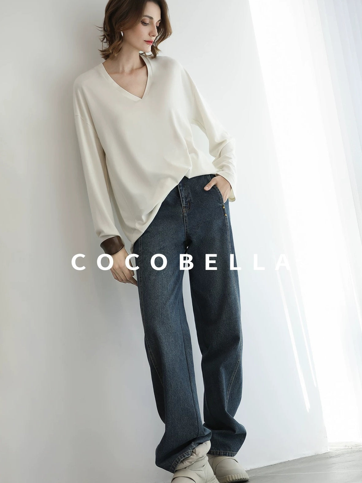 COCOBELLA High Waist Vintage Straight Leg Denim Blue Casual Cotton Blend Women Pants