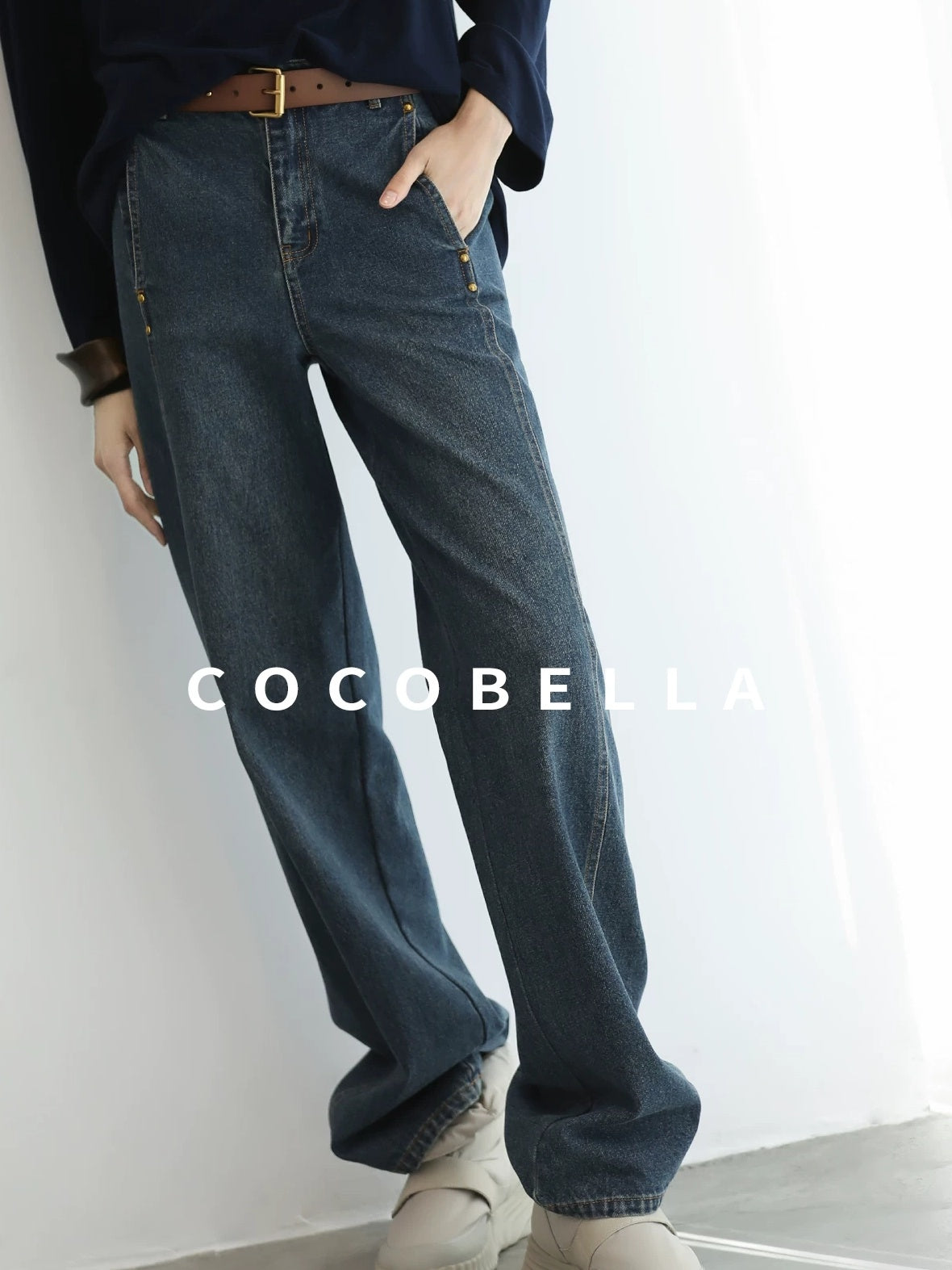 COCOBELLA High Waist Vintage Straight Leg Denim Blue Casual Cotton Blend Women Pants