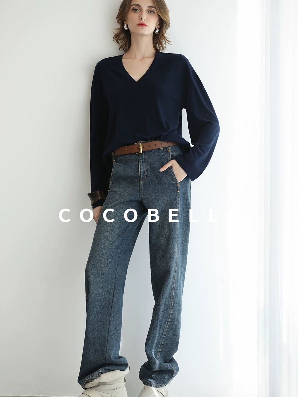 COCOBELLA High Waist Vintage Straight Leg Denim Blue Casual Cotton Blend Women Pants