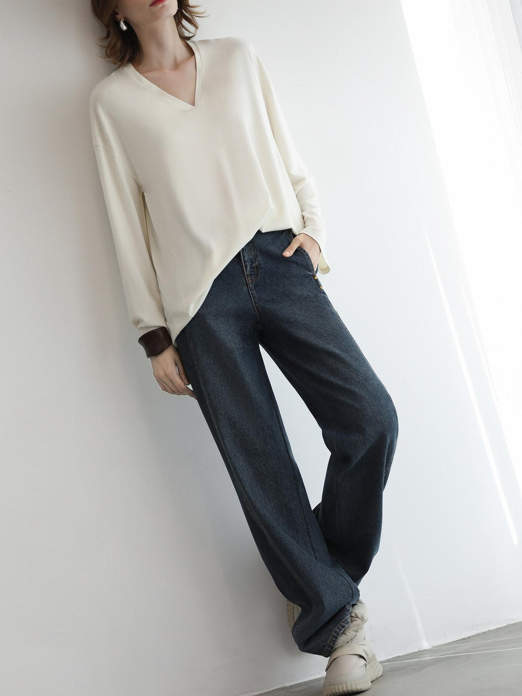 COCOBELLA High Waist Vintage Straight Leg Denim Blue Casual Cotton Blend Women Pants