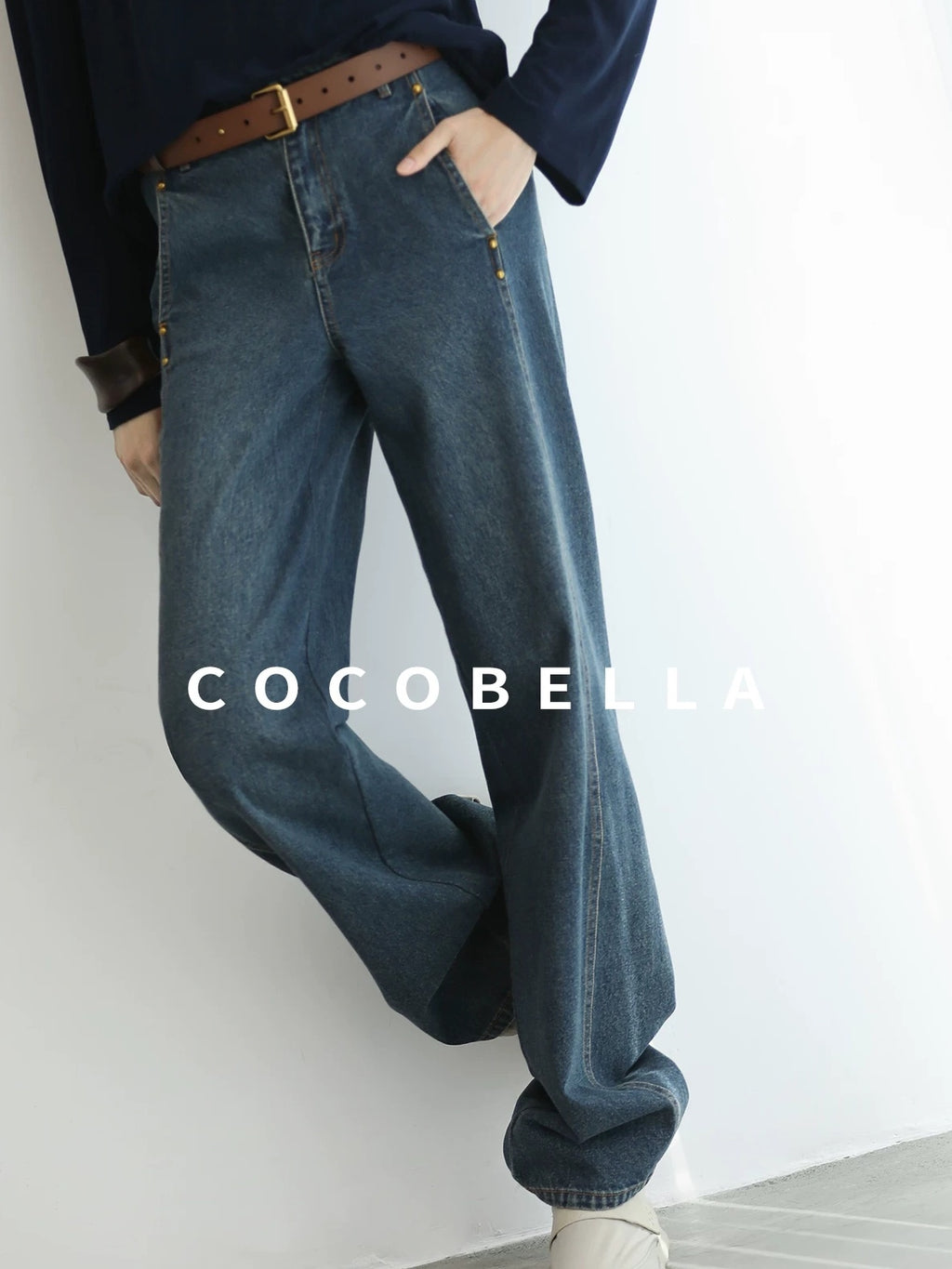 COCOBELLA High Waist Vintage Straight Leg Denim Blue Casual Cotton Blend Women Pants