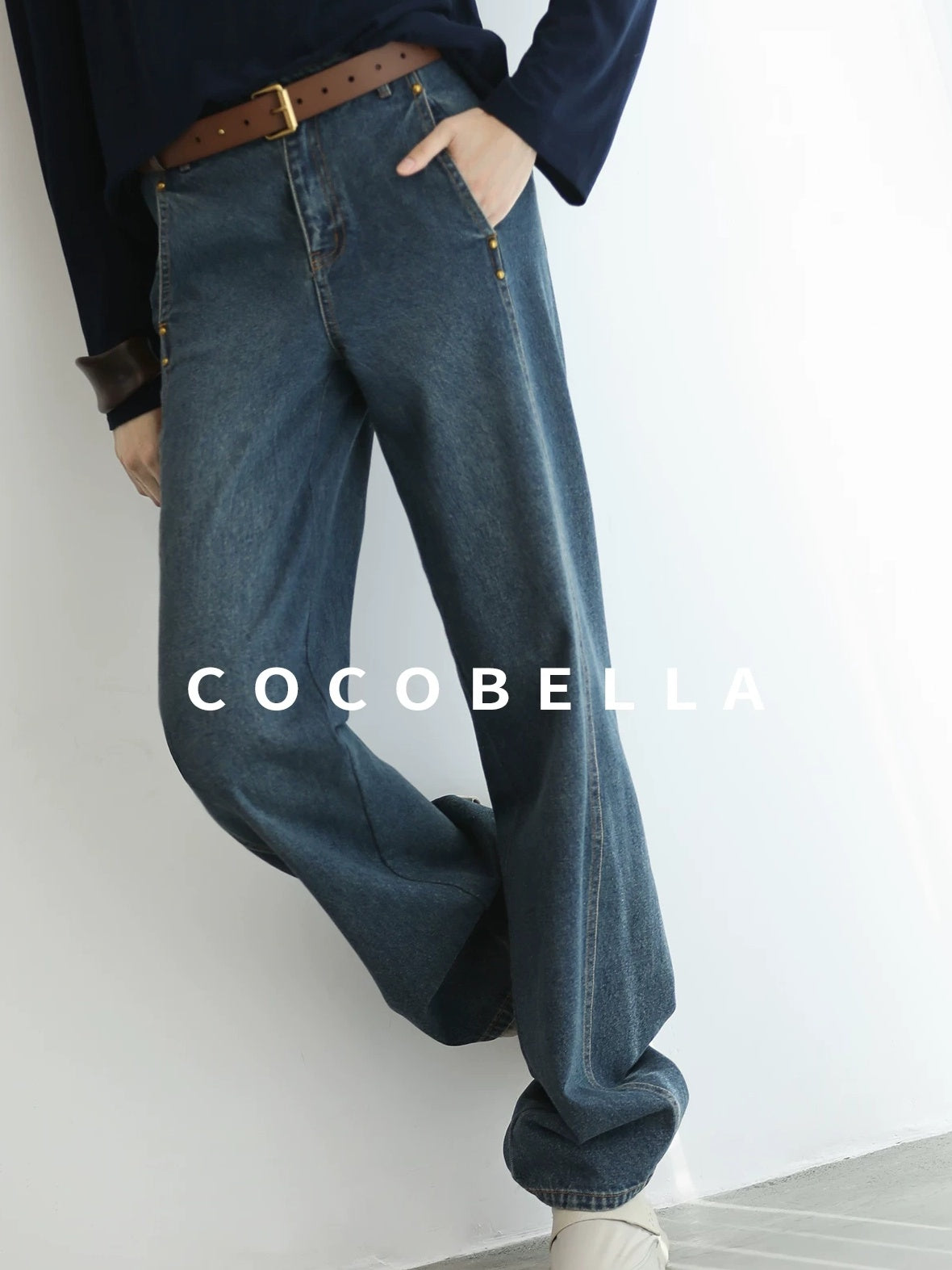 COCOBELLA High Waist Vintage Straight Leg Denim Blue Casual Cotton Blend Women Pants