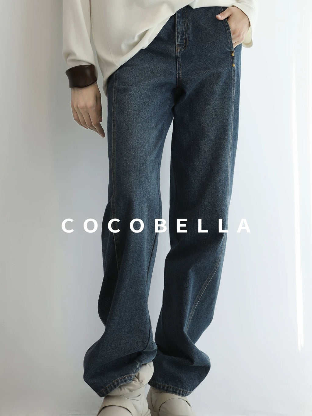 COCOBELLA High Waist Vintage Straight Leg Denim Blue Casual Cotton Blend Women Pants