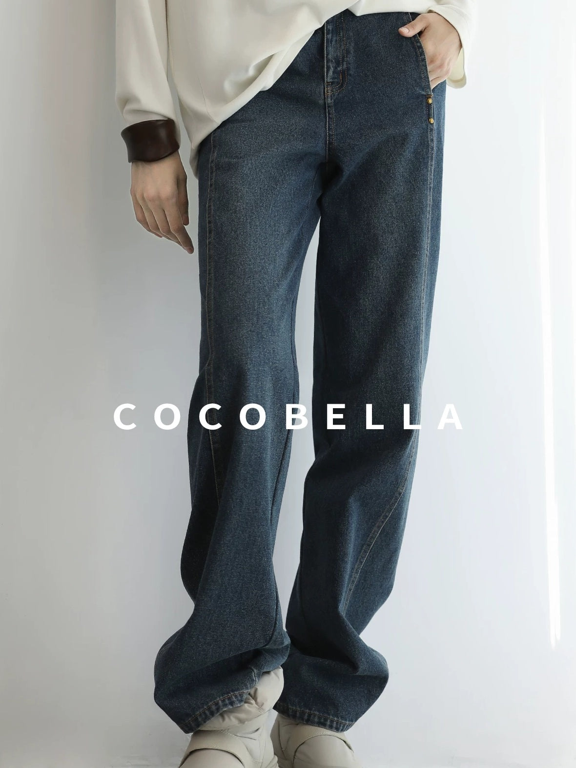 COCOBELLA High Waist Vintage Straight Leg Denim Blue Casual Cotton Blend Women Pants