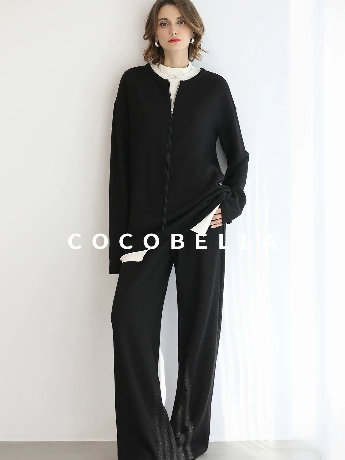 COCOBELLA High Waist Wide Leg Knit Elastic Waist Casual Loose Solid Color Women Pants