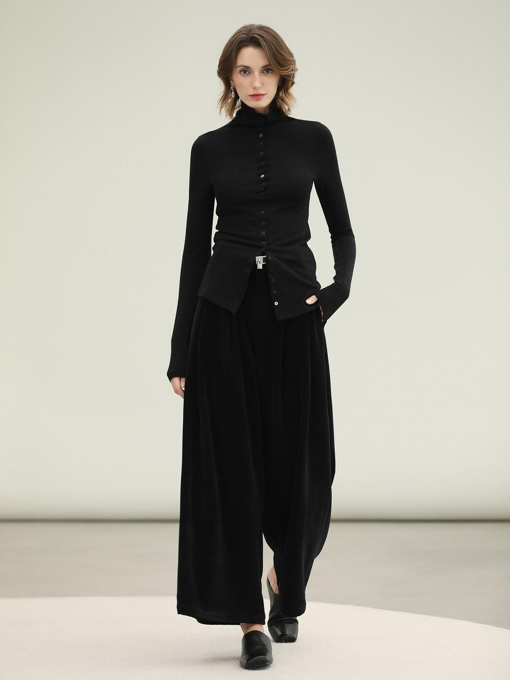 COCOBELLA High Waist Wide Leg Tailored Button Zipper Minimalist Office Work Pockets Pants