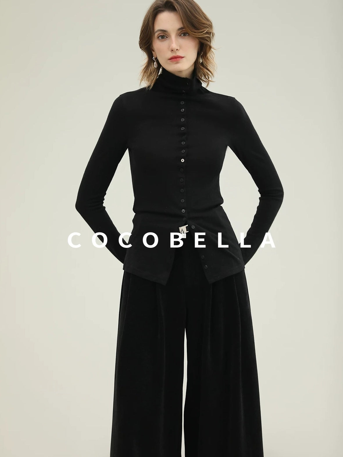 COCOBELLA High Waist Wide Leg Tailored Button Zipper Minimalist Office Work Pockets Pants