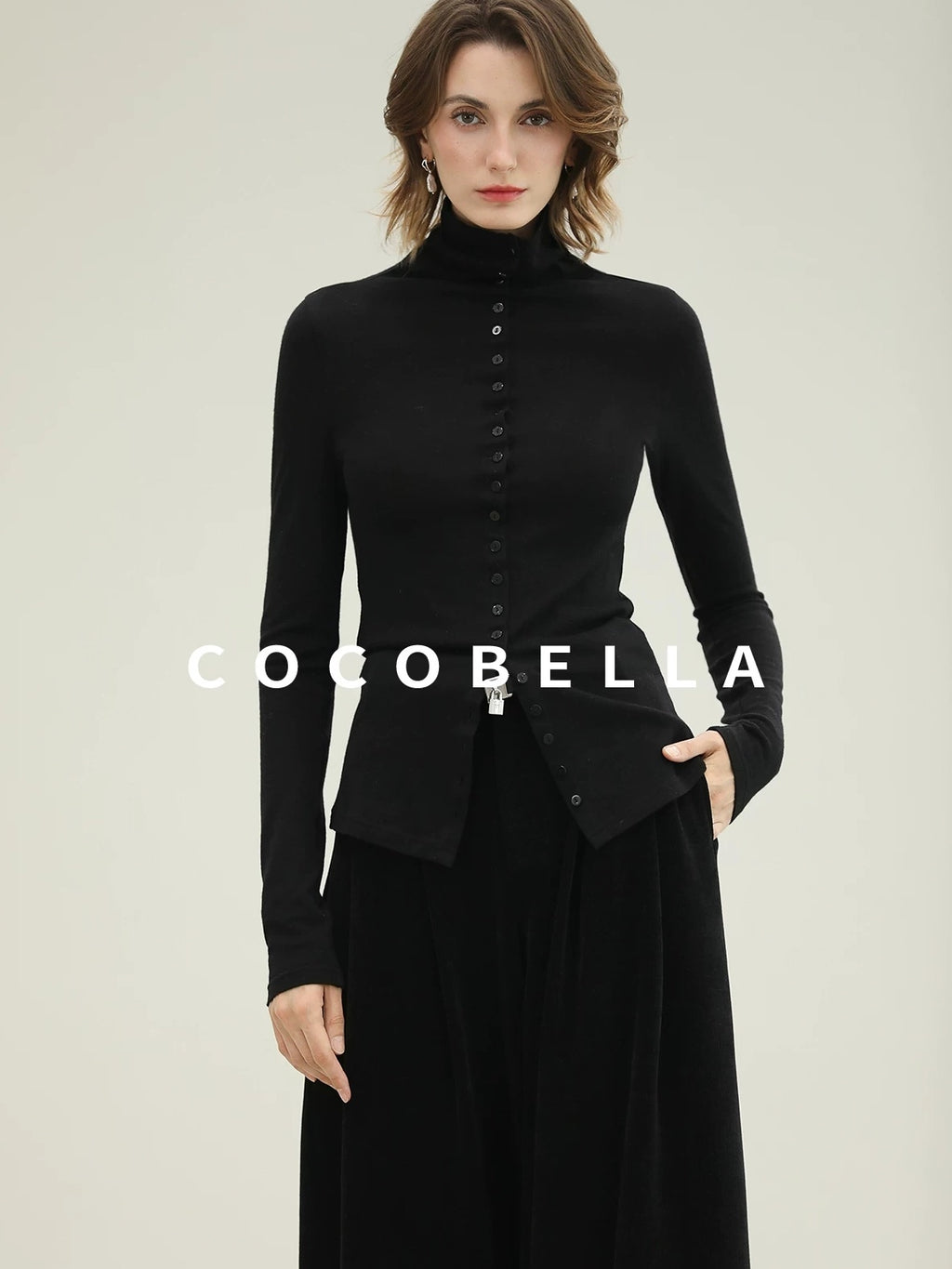 COCOBELLA High Waist Wide Leg Tailored Button Zipper Minimalist Office Work Pockets Pants