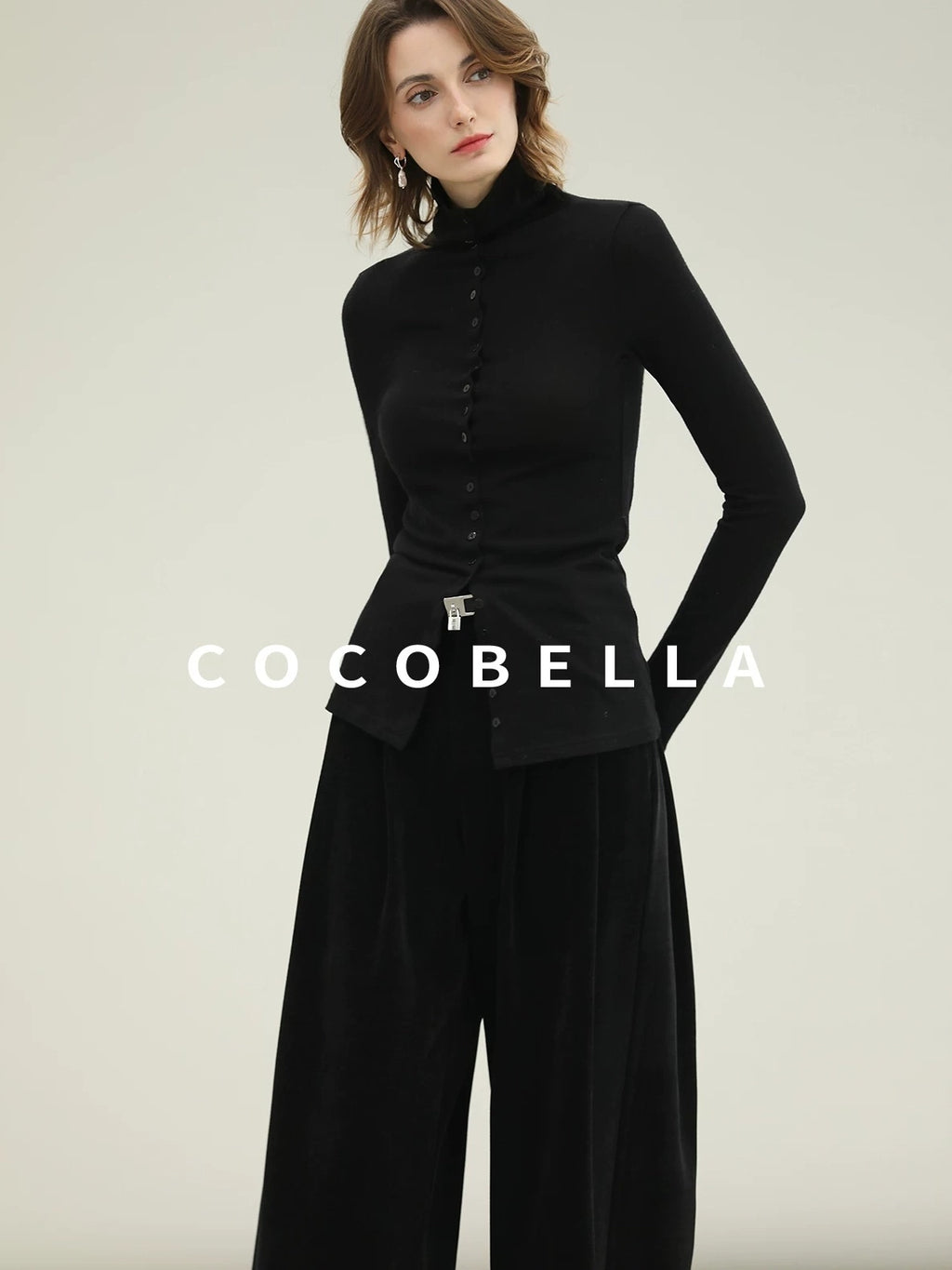 COCOBELLA High Waist Wide Leg Tailored Button Zipper Minimalist Office Work Pockets Pants