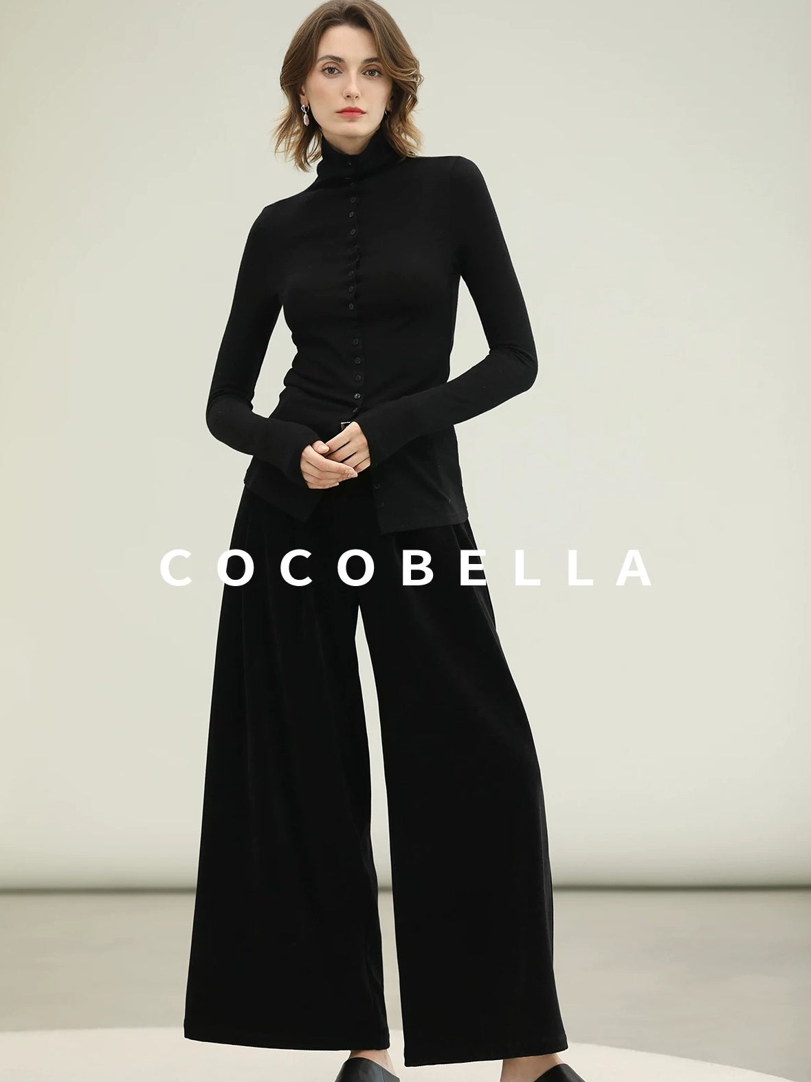 COCOBELLA High Waist Wide Leg Tailored Button Zipper Minimalist Office Work Pockets Pants